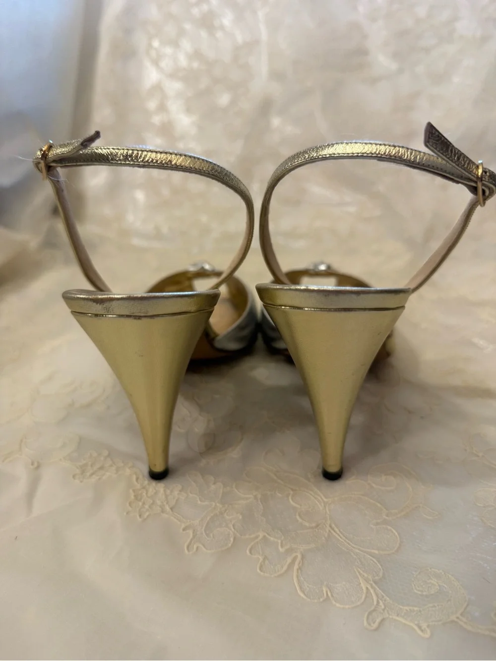 Bruno Magli Metallic Silver and Gold Knot Peep-Toe Slingback Vintage Heels